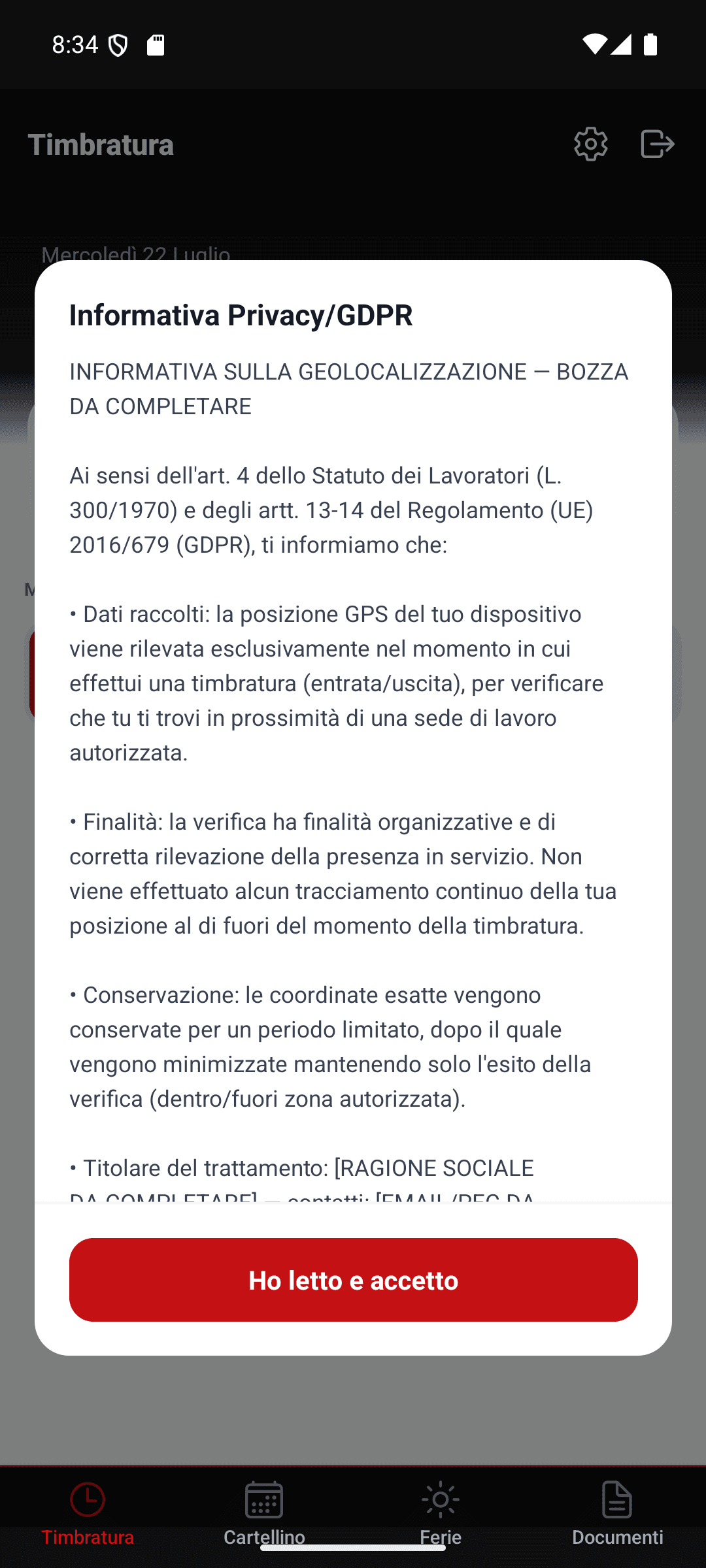 Informativa privacy sulla geolocalizzazione mostrata prima della prima timbratura GPS