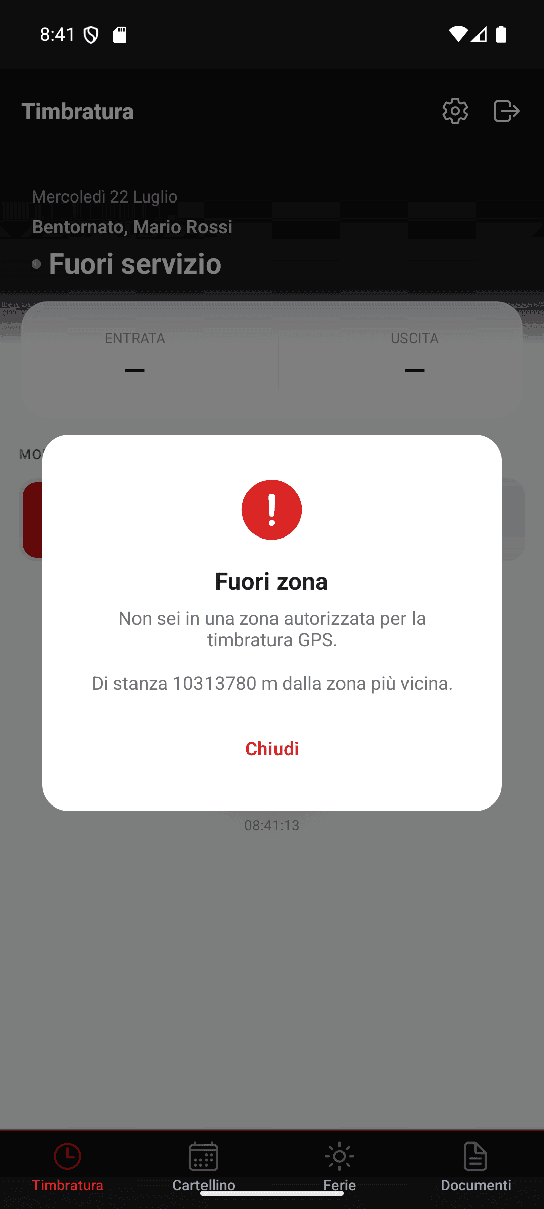 Avviso di timbratura fuori dalla zona GPS autorizzata