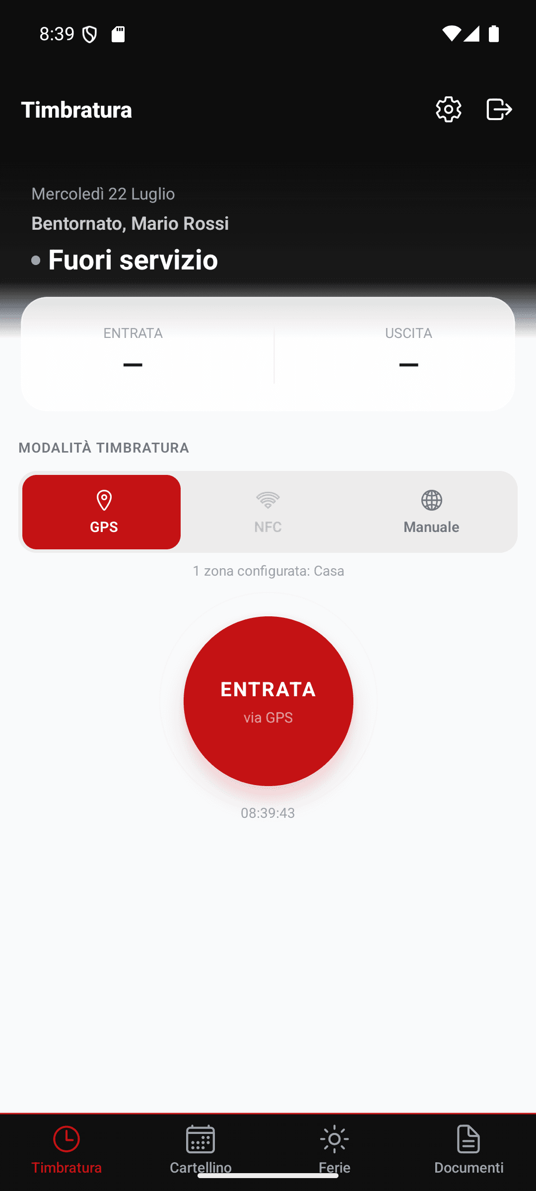 Schermata di timbratura con modalità GPS selezionata